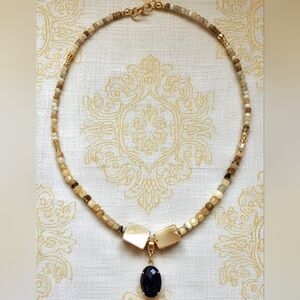 Yellow Opal & Blue Corundum Sapphire Pendant In Dainty Contrasting Necklace